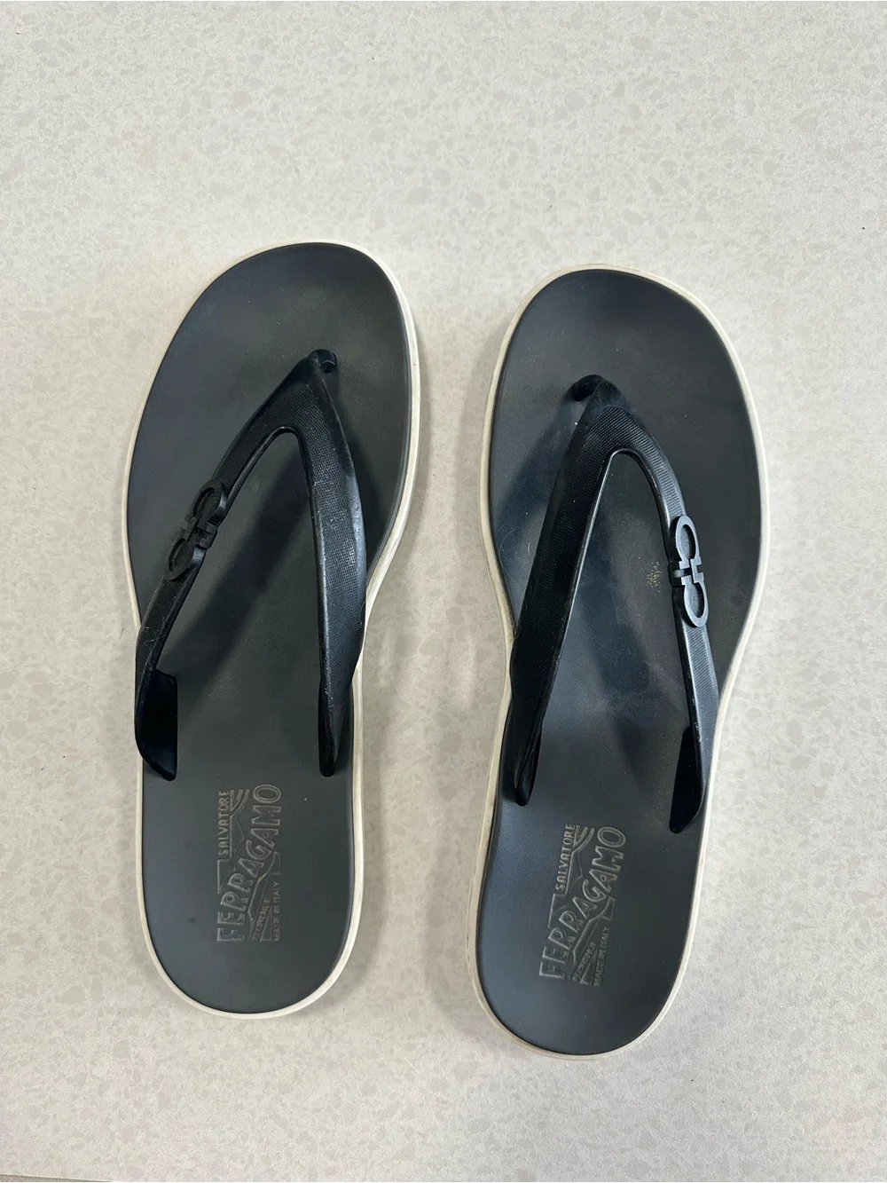 Salvatore Ferragamo Black and White Rubber Flip Flops